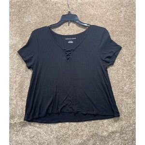 American Eagle Size Small Black‎ V-Neck Short Sleeve Ribbed Knit Shirt